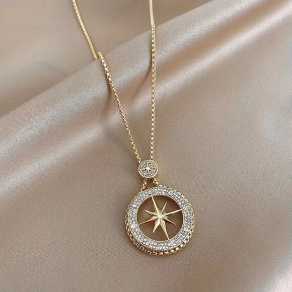 Gold Tone Compass Necklace with Rhinestones #1459 - Picture 1 of 16